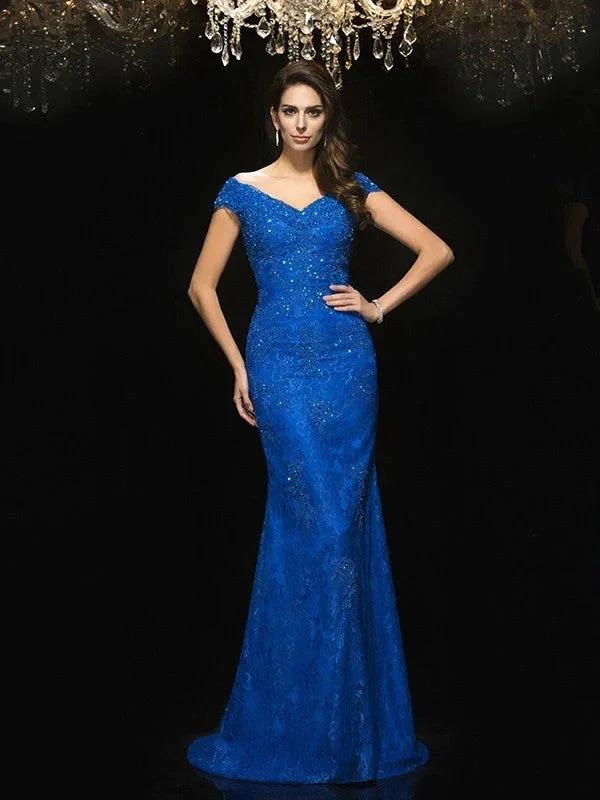 Gorgeous Mermaid V-neck Lace Sleeveless Long Lace Mother of the Bride Prom Dresses by misshow.com