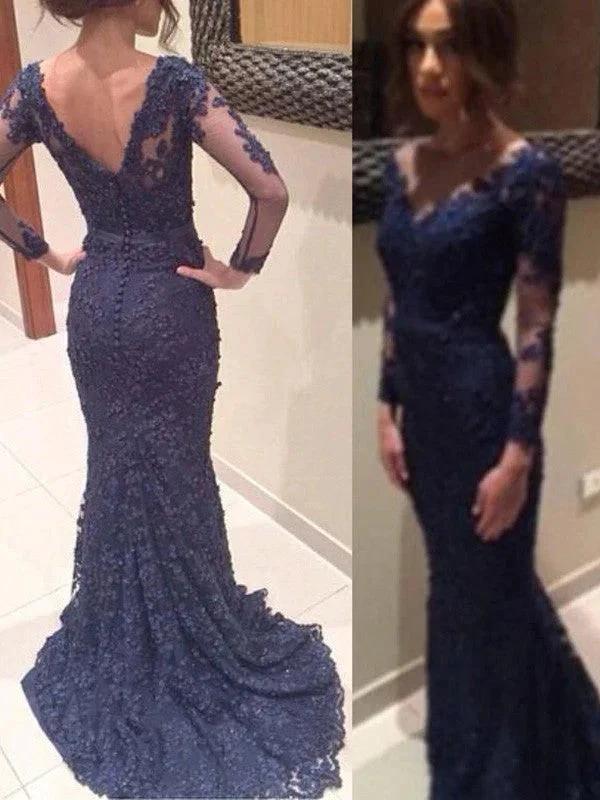 Gorgeous Mermaid V-neck Long Sleeves Applique Lace Prom Dresses by misshow.com