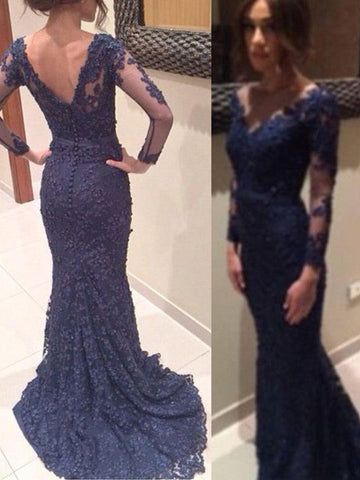 Gorgeous Mermaid V-neck Long Sleeves Applique Lace Prom Dresses