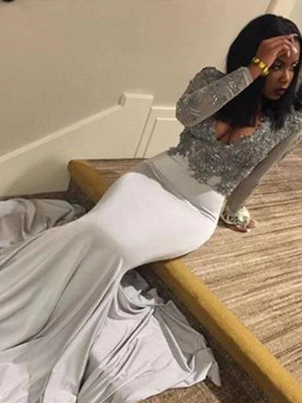 Gorgeous Mermaid V-neck Long Sleeves Applique Satin Prom Dresses by misshow.com