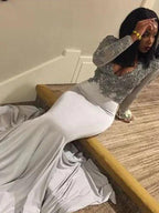 Gorgeous Mermaid V-neck Long Sleeves Applique Satin Prom Dresses by misshow.com