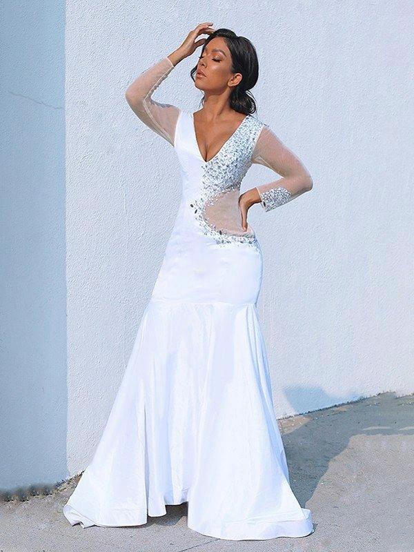 Gorgeous Mermaid V-neck Long Sleeves Satin Beading Court Train Prom Dresses by misshow.com