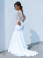 Gorgeous Mermaid V-neck Long Sleeves Satin Beading Court Train Prom Dresses by misshow.com