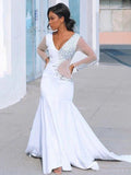 Gorgeous Mermaid V-neck Long Sleeves Satin Beading Court Train Prom Dresses by misshow.com