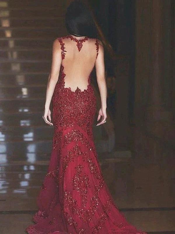 Gorgeous Mermaid V-neck Sleeveless Applique Tulle Prom Dresses by misshow.com