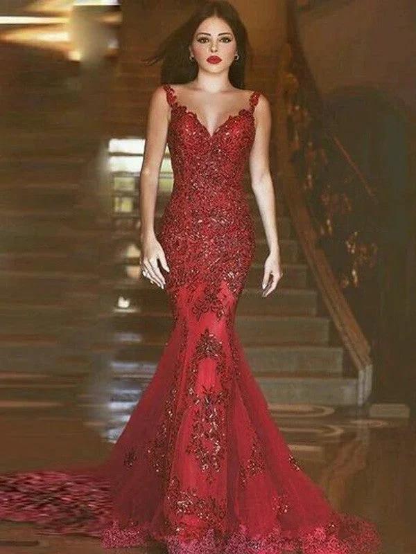 Gorgeous Mermaid V-neck Sleeveless Applique Tulle Prom Dresses by misshow.com
