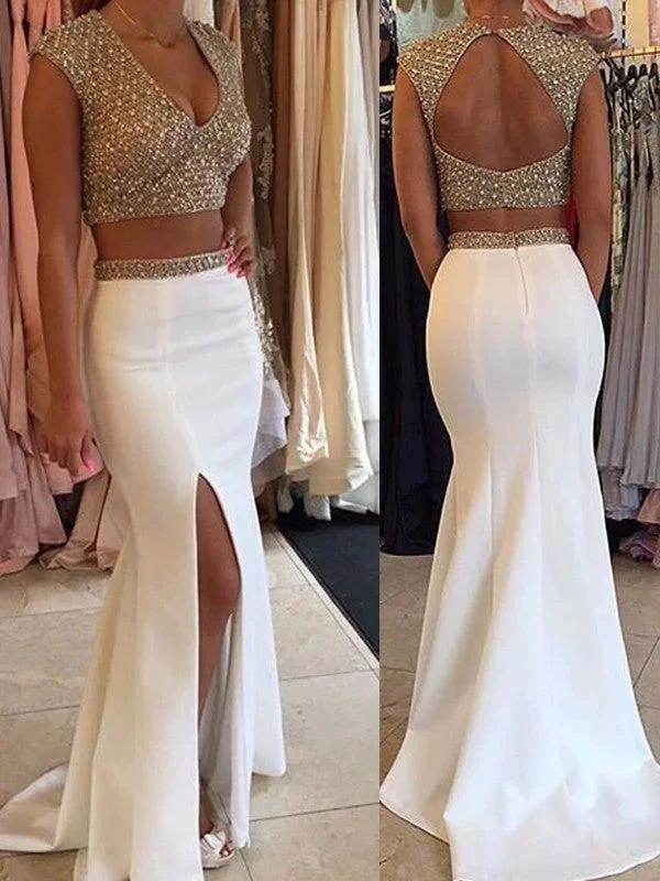 Gorgeous Mermaid V-Neck Sleeveless Satin Beading Prom Dresses by misshow.com
