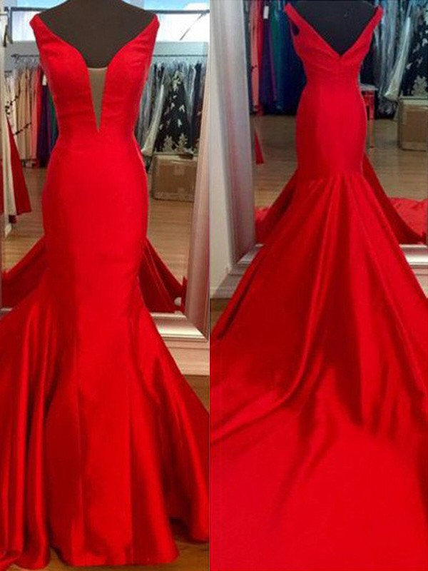 Gorgeous Mermaid V-neck Sleeveless Satin Prom Dresses Hover Image