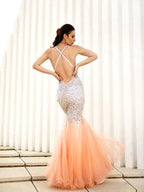 Gorgeous Mermaid V-neck Sleeveless Tulle Floor-Length Sequin Prom Dresses by misshow.com