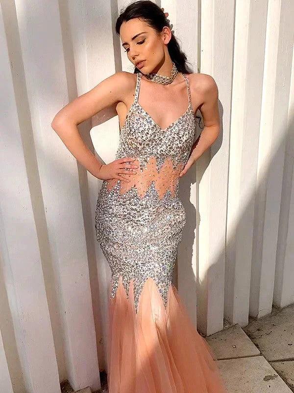 Gorgeous Mermaid V-neck Sleeveless Tulle Floor-Length Sequin Prom Dresses by misshow.com