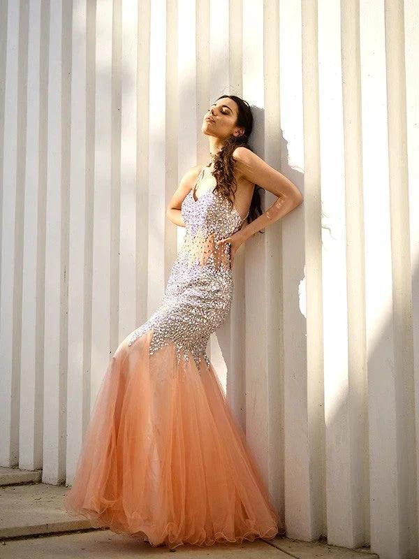 Gorgeous Mermaid V-neck Sleeveless Tulle Floor-Length Sequin Prom Dresses by misshow.com