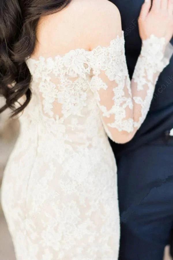 Gorgeous Off Shoulder Ivory Lace Long Sleeves Mermaid Wedding Dress WD119 by pgmdress