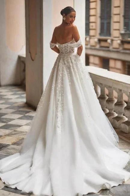 Gorgeous Off-the-shoulder Lace Tulle Appliques A-line Wedding Dress by misshow.com