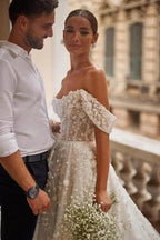 Gorgeous Off-the-shoulder Lace Tulle Appliques A-line Wedding Dress by misshow.com