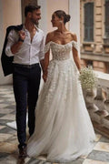 Gorgeous Off-the-shoulder Lace Tulle Appliques A-line Wedding Dress by misshow.com