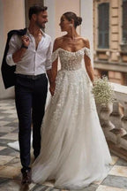 Gorgeous Off-the-shoulder Lace Tulle Appliques A-line Wedding Dress by misshow.com