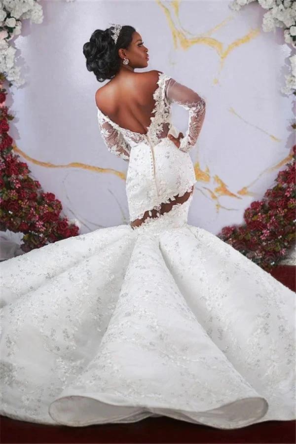 Gorgeous Off-the-Shoulder Long Sleeves Mermaid Ruffless Appliqued Beading Wedding Dress by misshow.com