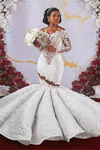 Gorgeous Off-the-Shoulder Long Sleeves Mermaid Ruffless Appliqued Beading Wedding Dress by misshow.com