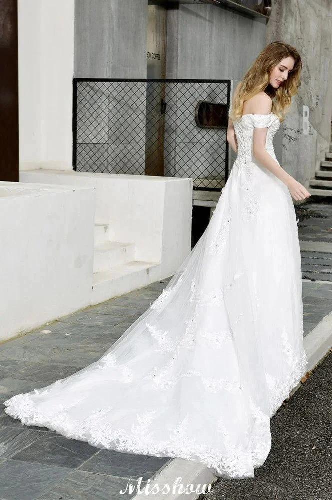 Gorgeous Off the Shoulder White aline Bridal Gown Garden Lace Appliques Wedding Dress by misshow.com