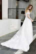Gorgeous Off the Shoulder White aline Bridal Gown Garden Lace Appliques Wedding Dress by misshow.com