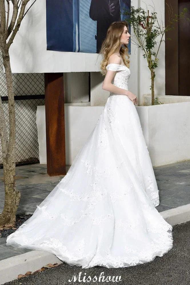 Gorgeous Off the Shoulder White aline Bridal Gown Garden Lace Appliques Wedding Dress by misshow.com