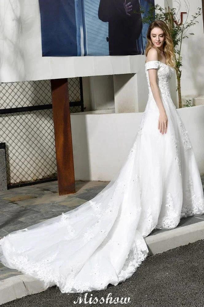 Gorgeous Off the Shoulder White aline Bridal Gown Garden Lace Appliques Wedding Dress by misshow.com