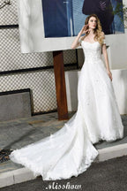 Gorgeous Off the Shoulder White aline Bridal Gown Garden Lace Appliques Wedding Dress by misshow.com