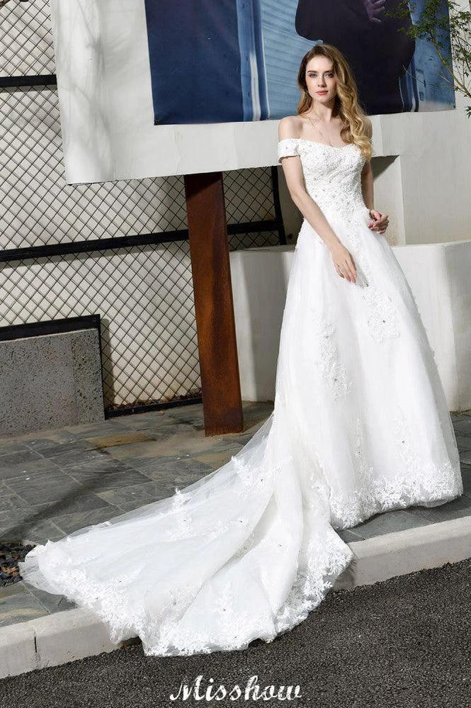 Gorgeous Off the Shoulder White aline Bridal Gown Garden Lace Appliques Wedding Dress by misshow.com