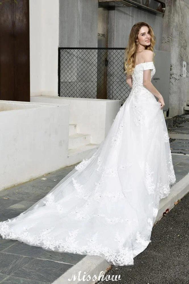 Gorgeous Off the Shoulder White aline Bridal Gown Garden Lace Appliques Wedding Dress by misshow.com