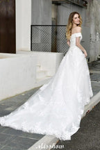 Gorgeous Off the Shoulder White aline Bridal Gown Garden Lace Appliques Wedding Dress by misshow.com