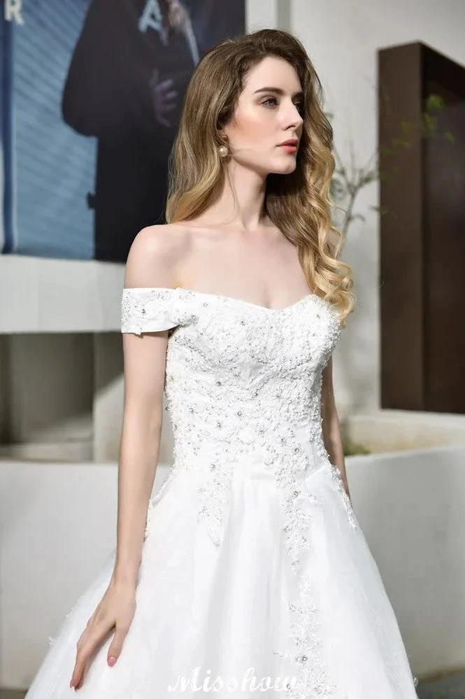 Gorgeous Off the Shoulder White aline Bridal Gown Garden Lace Appliques Wedding Dress by misshow.com