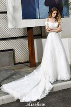 Gorgeous Off the Shoulder White aline Bridal Gown Garden Lace Appliques Wedding Dress by misshow.com
