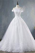Gorgeous Off-the-Shoulder White Tulle Wedding Dress Lace Appliques Bridal Gowns On Sale (ZD17461)
