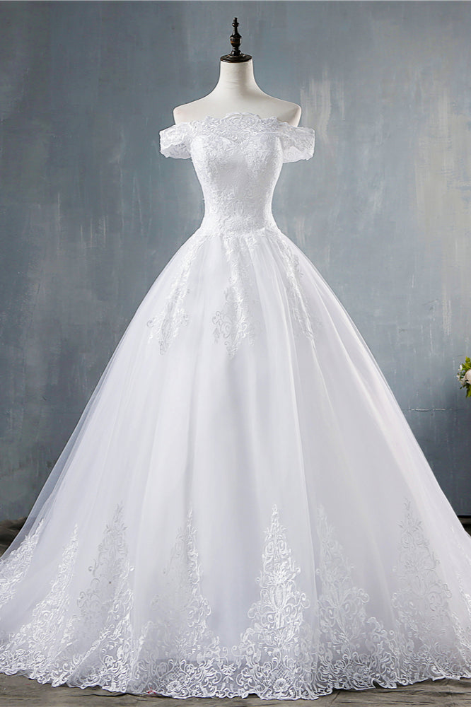 Gorgeous Off-the-Shoulder White Tulle Wedding Dress Lace Appliques Bridal Gowns On Sale (ZD17461)