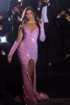 Gorgeous Pink Sleeveless Split Front Mermaid Prom Dress With Glitter by misshow.com