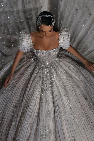 Gorgeous Princess A-line Beading Short Sleeves Wedding Dress With Lace