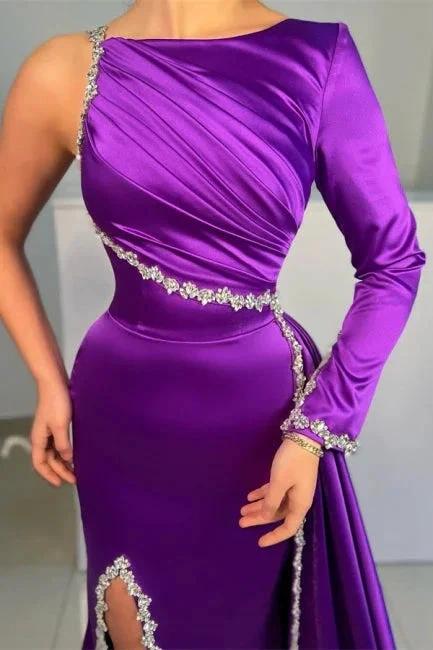 Gorgeous Purple Long A-line Sequined Split Evening Dresses With Long Sleeves by misshow.com