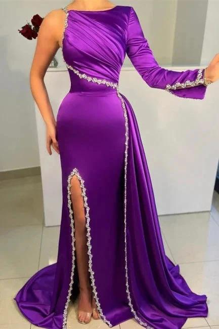 Gorgeous Purple Long A-line Sequined Split Evening Dresses With Long Sleeves by misshow.com