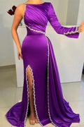 Gorgeous Purple Long A-line Sequined Split Evening Dresses With Long Sleeves by misshow.com