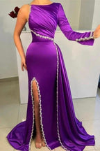 Gorgeous Purple Long A-line Sequined Split Evening Dresses With Long Sleeves by misshow.com