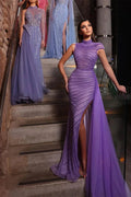 Gorgeous Purple Long Mermaid Sequined High Neck Prom Dress With Slit by misshow.com