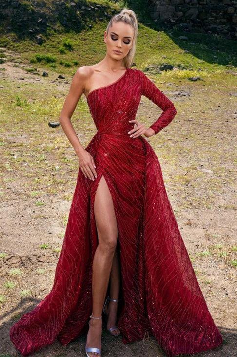 Gorgeous Red Beading One Shoulder Long A-line Prom Dress With Slit by misshow.com