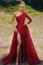 Gorgeous Red Beading One Shoulder Long A-line Prom Dress With Slit by misshow.com