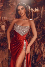 Gorgeous Red Long Evening Dress With Split Long Beads Prom Gown by misshow.com