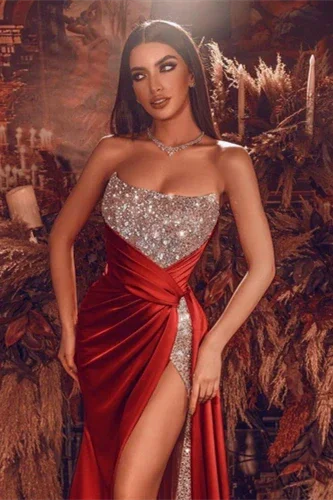 Gorgeous Red Long Evening Dress With Split Long Beads Prom Gown by misshow.com