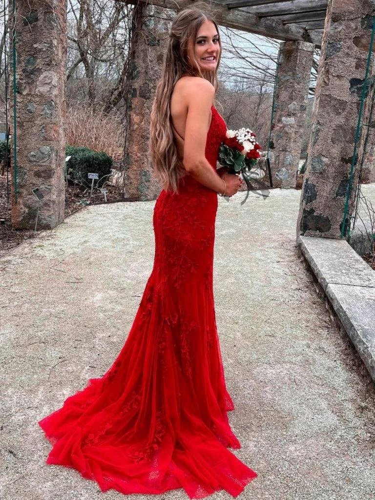 Gorgeous Red Long Mermaid Lace Backless Prom Dresses by BIZTUNNEL