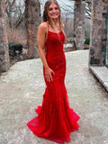 Gorgeous Red Long Mermaid Lace Backless Prom Dresses by BIZTUNNEL