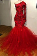 Gorgeous Red One-Shoulder Long-Sleeves Appliques Sexy Mermaid Prom Dress by misshow.com