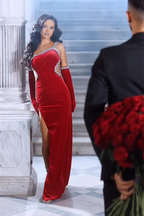 Gorgeous Red Straps Sequined Mermaid Prom Dress With Side Slit by misshow.com