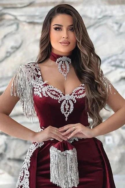 Gorgeous Red Sweetheart Column Appliques Sleeveless Split Front Floor-length Prom Dresses with Train by misshow.com